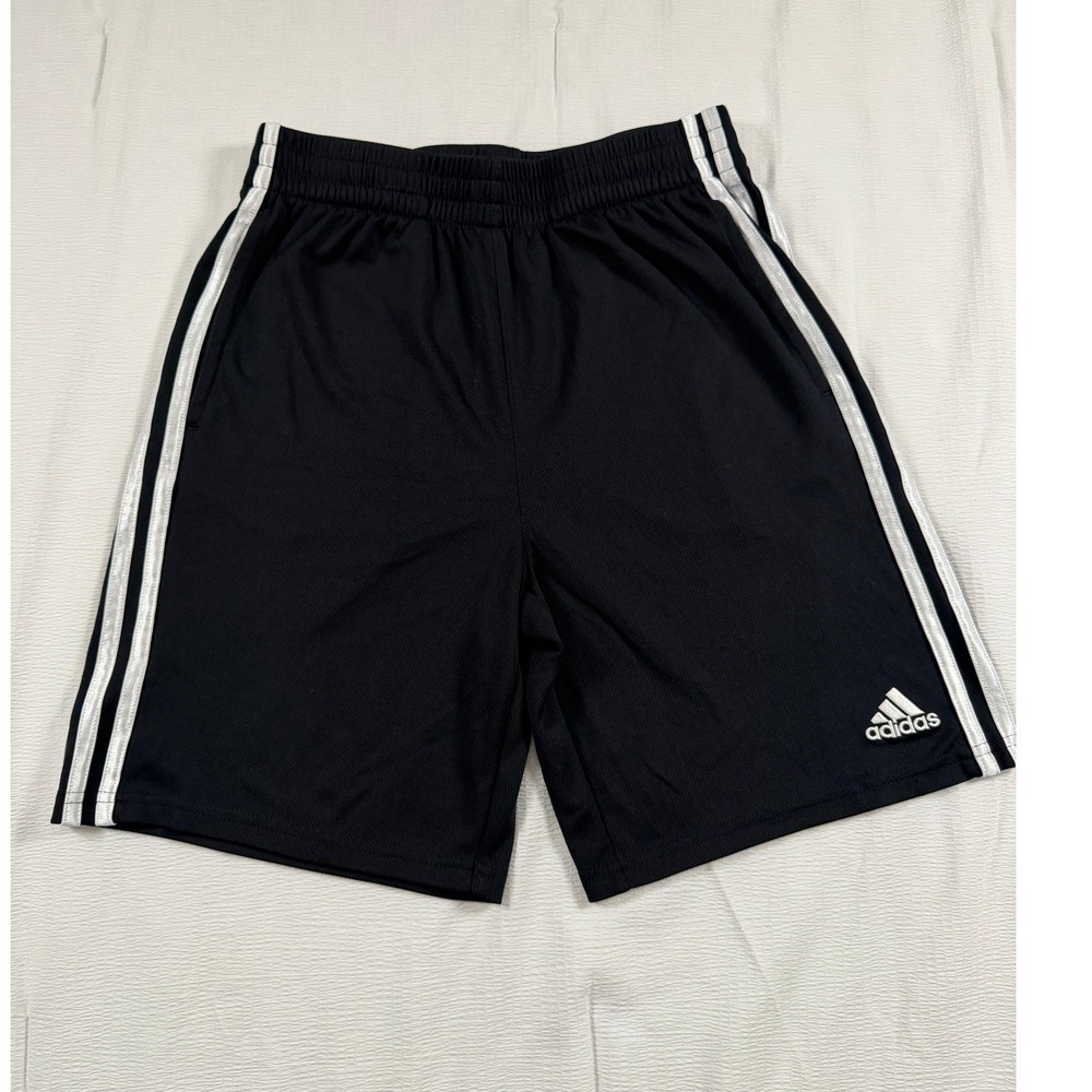 Adidas Boys Black White Stripe Mesh Athletic Shorts Large 14/16 Regular Fit